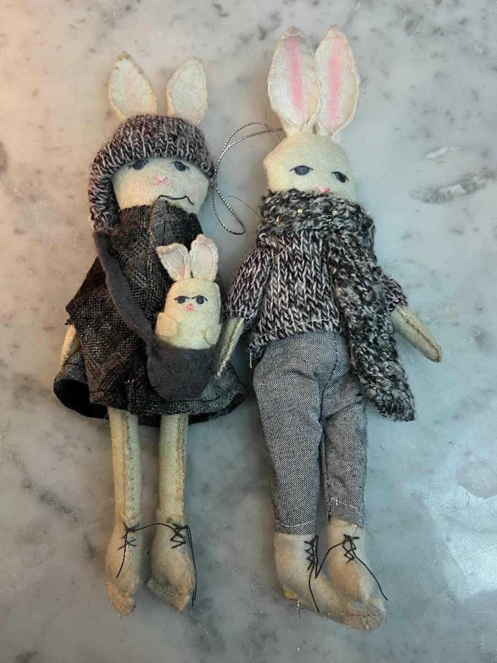 RARE West Elm x Erika Barratt bunny family christmas ornaments, grey/white